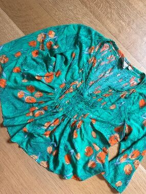 Anthropologie Green Floral V-Neck Blouse